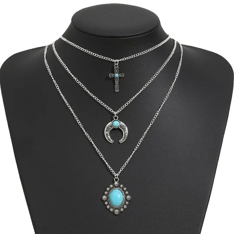Wofish Western Jewelry Triple Layers Cross Crescent Pendant Necklace