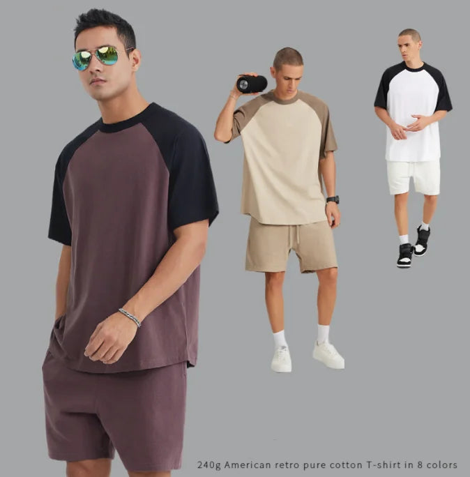 2025 American Retro Style 260G Heavyweight 100% Cotton Raglan Short-sleeve Solid Eco-Friendly T-shirts Loose Fit Spring Summer