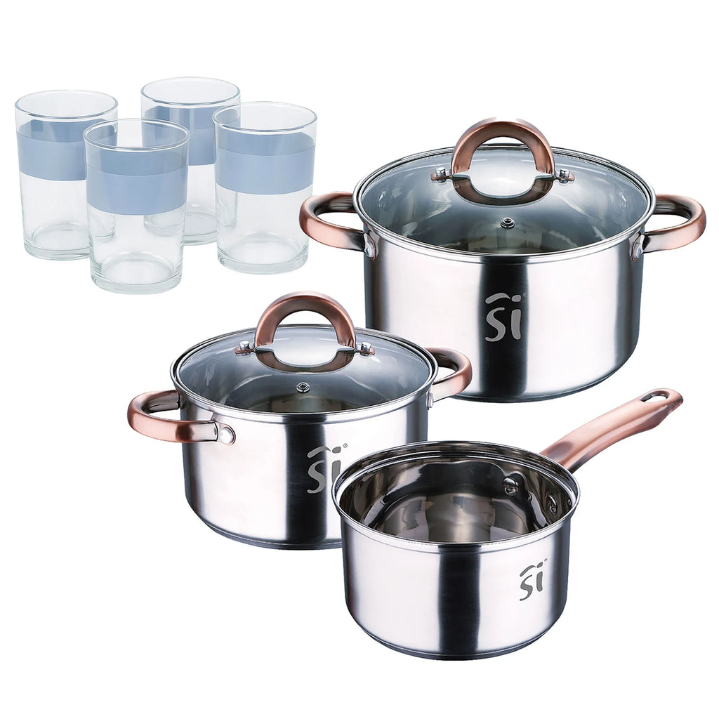 5-piece stainless steel cookware set (16 18 20) suitable for induction hobs + Set of 4 x 0.5L glasses NOIA San Ignacio