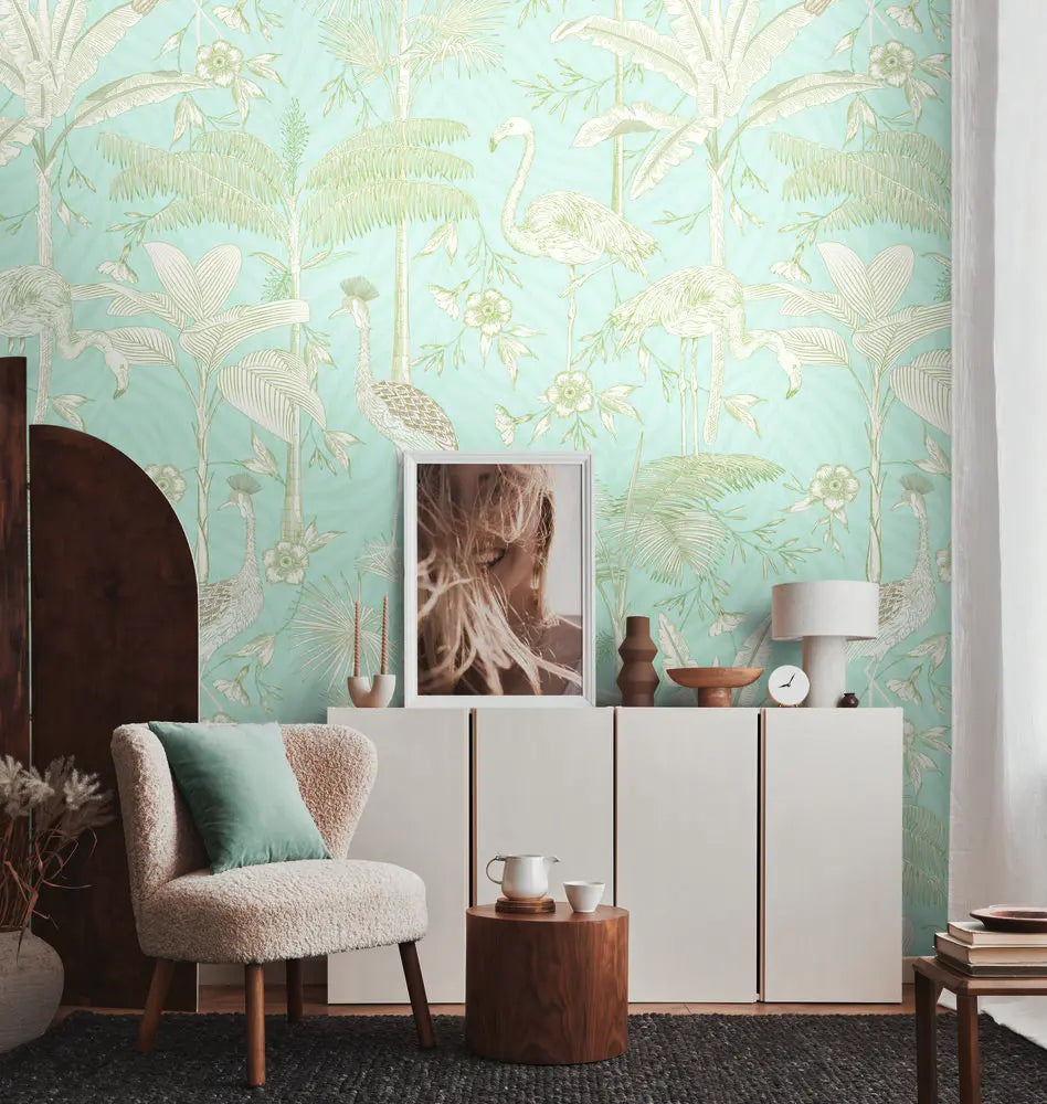 Made in Germany Photo Wallpaper Murals Animal Turquoise White Green Non Woven Vinyl Wall Mural Palms for Hotel - 280 x 159 m