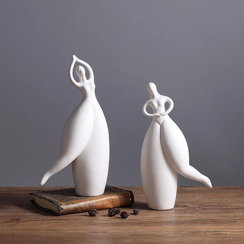 Modern Abstract Dancing Lady Figurine Set Matte White Minimalist Ceramic Home Decor Sculpture