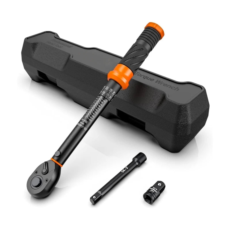 1/4" Torque Wrench 3PCS Set 20-240 In-lb 2.3-27.1nm Click Torque Wrench with 3" Extension Bar & 1/4" to 3/8" Adapter