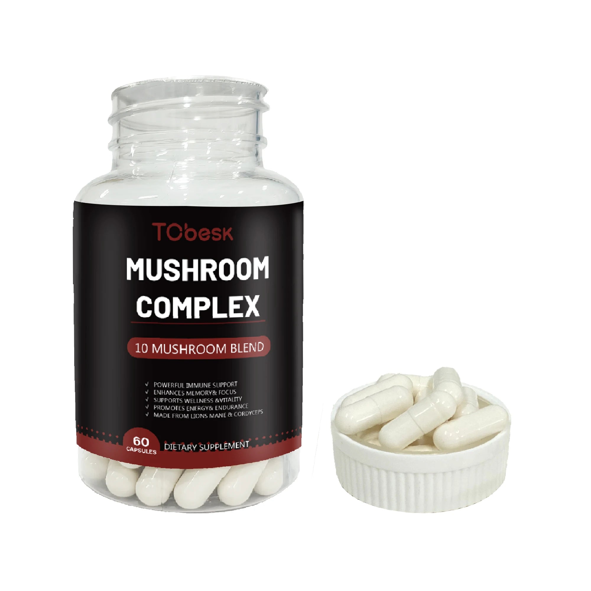 Non-GMO Gluten Free TCbesk Mushroom Capsules Support Energy Focus Immunity & Digestion for Adults