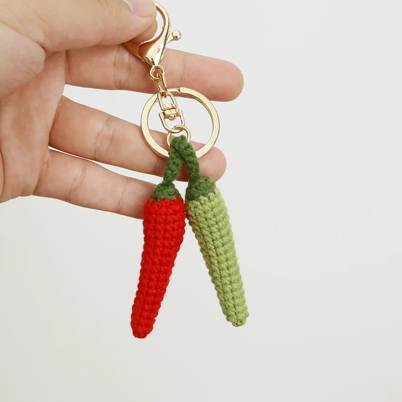 Handmade Italian Red Green Pepper Keychain Vegetable Dainty Keyring Crochet Key Chains Accessory for Women Chili Pepper Keychain