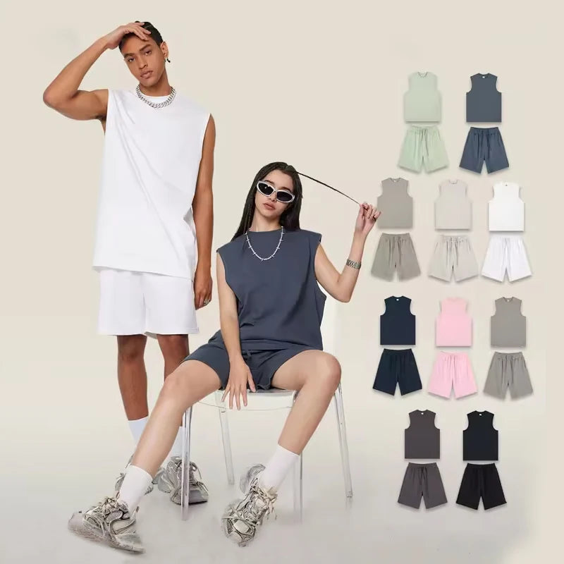 SHINBENE 230GSM Cool Touch Unisex Vest and Shorts Sets Leisure Cotton Solid Workout Outwear Sets Streetwear