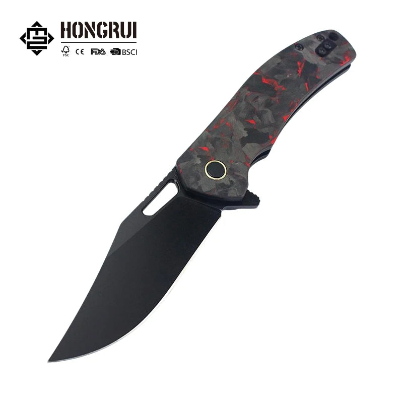 Hongrui 2026 New Design 14C28N Steel Outdoor Folding Knife Survival Knife Red Carbon Fiber Handle for Camping Easy to Carry