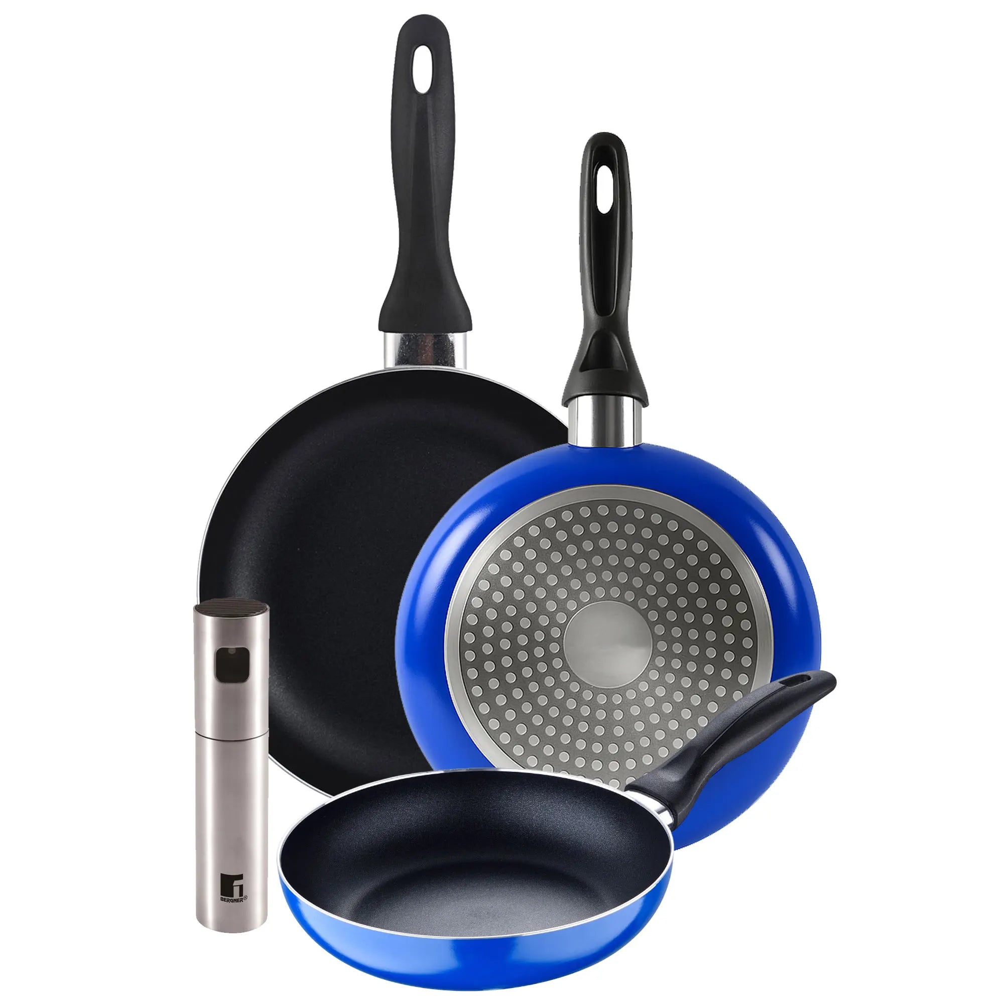 Set of 3 San Ignacio frying pans (16+20+24cm) pressed aluminum blue + Oil and vinegar sprayer 4x17.5cm in stainless steel
