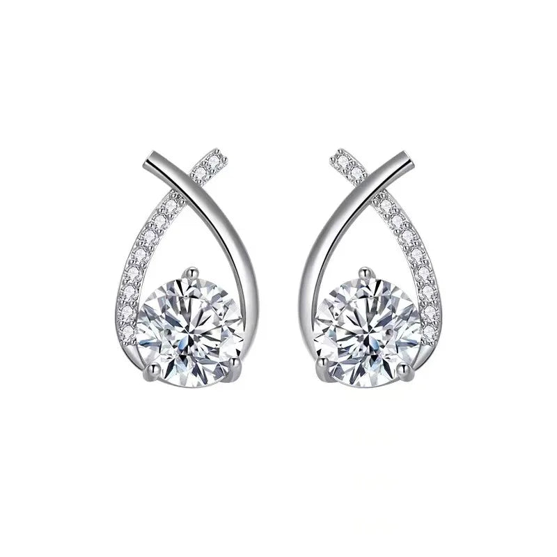 Exquisite Women's Silver-Plated Brass Stick Earrings Trendy Diamond-Encrusted Cross-Arcs with Sparkling Zirconia for Party MegaBDM