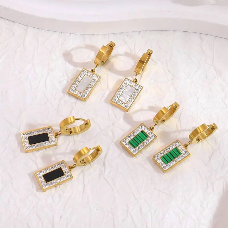 Ladies Accessories Jewelry Trendy Stainless Steel Jewelry 18K Huggies Malachite Drop Earrings Rectangular Gemstone Hoop Earrings