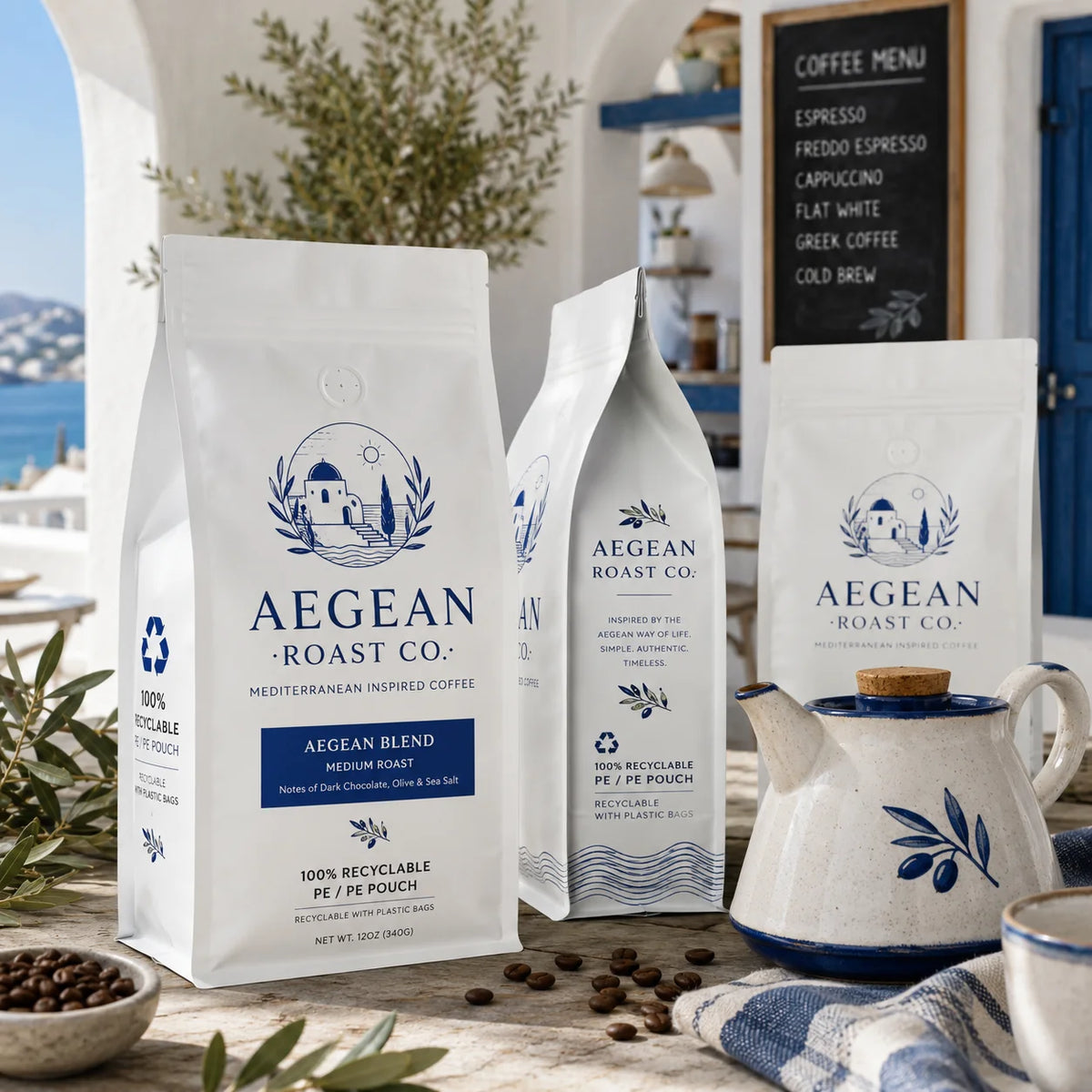 AT PACK Eco Friendly 100% Recyclable White PE/PE Flat Bottom Coffee Pouches Custom Logo Printed Coffee Packaging Bags MegaBDM