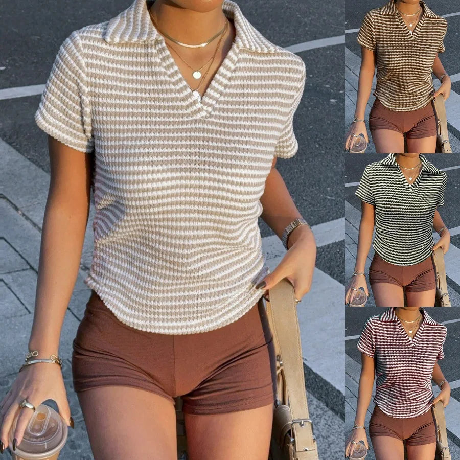 2025 Summer New Arrival Women's Striped V-neck Short-Sleeve T-shirt & Casual Collared Polo Shirt