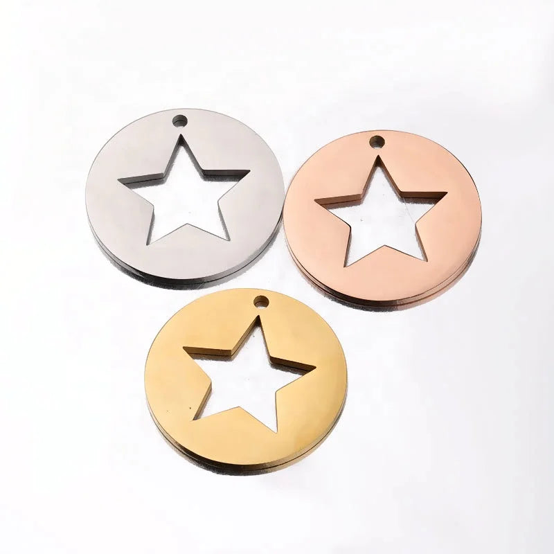 Stainless Steel Hollow Five-pointed Star Round Tag DIY Jewelry Accessories Fashionable Geometric Engraving Pet Tag