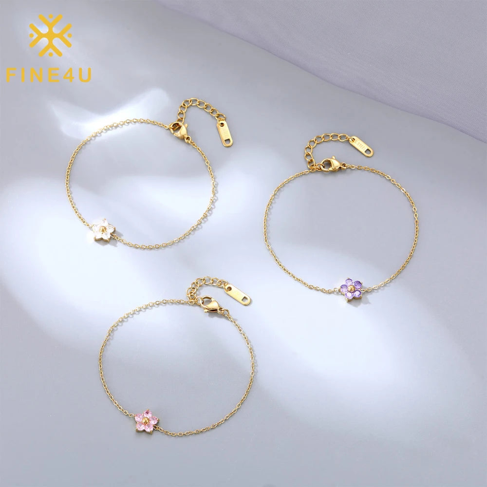 Wholesale Simplest Stainless Steel Thin Chain Adjustable Small Flower Bracelet Pink Crystal Earring Bracelet Set for Women