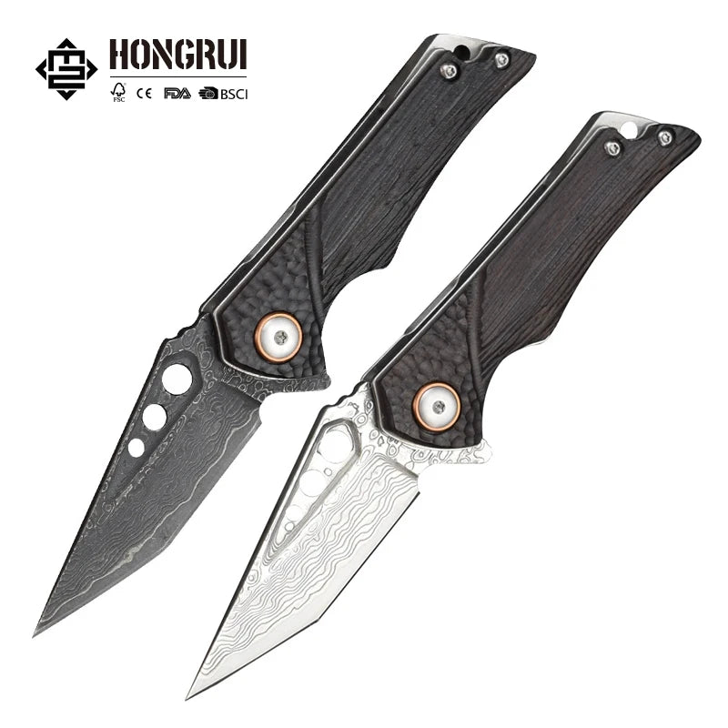 Hongrui New Desgin Survival Knife CNC Damascus Hunting Folding Knife High Quality Ebony Handle for Camping
