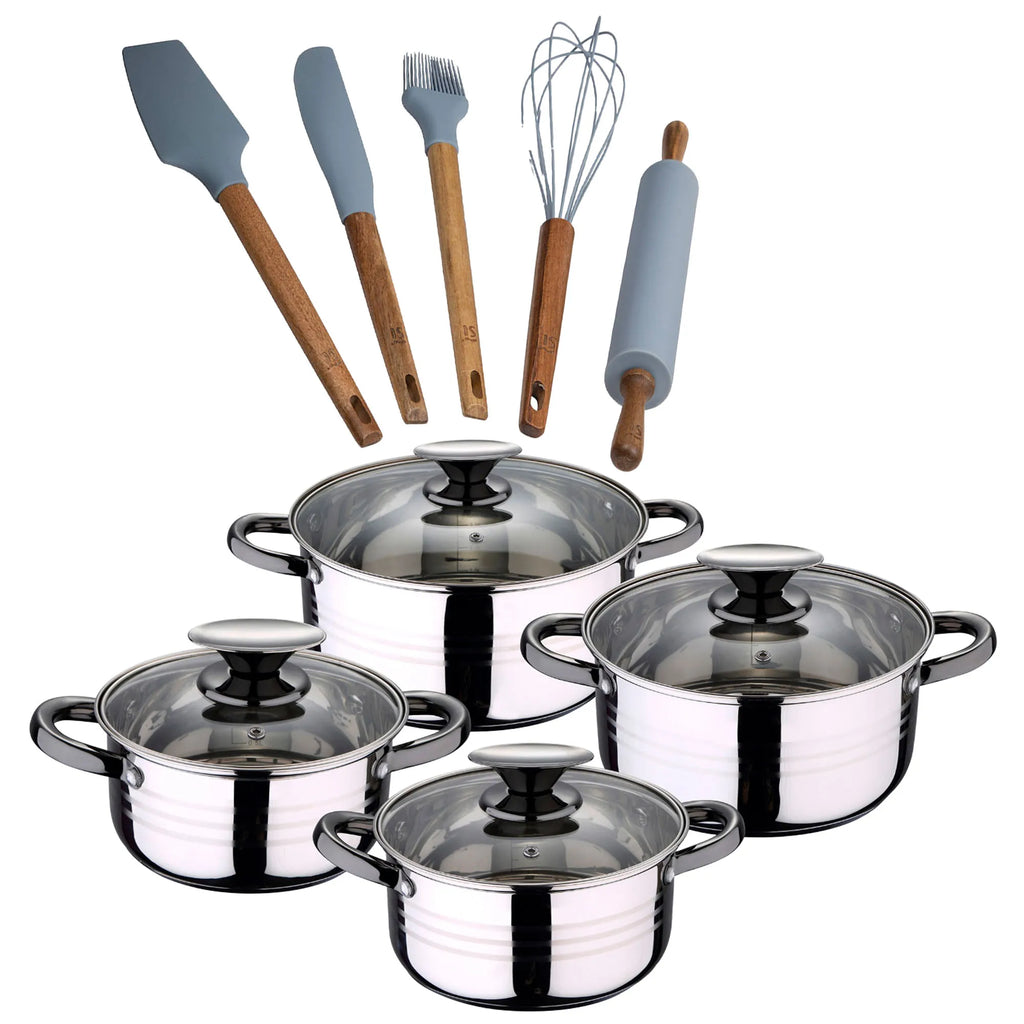 8-piece stainless steel cookware set suitable for induction hobs San Ignacio Premium Collection + 5-piece silicone and wooden