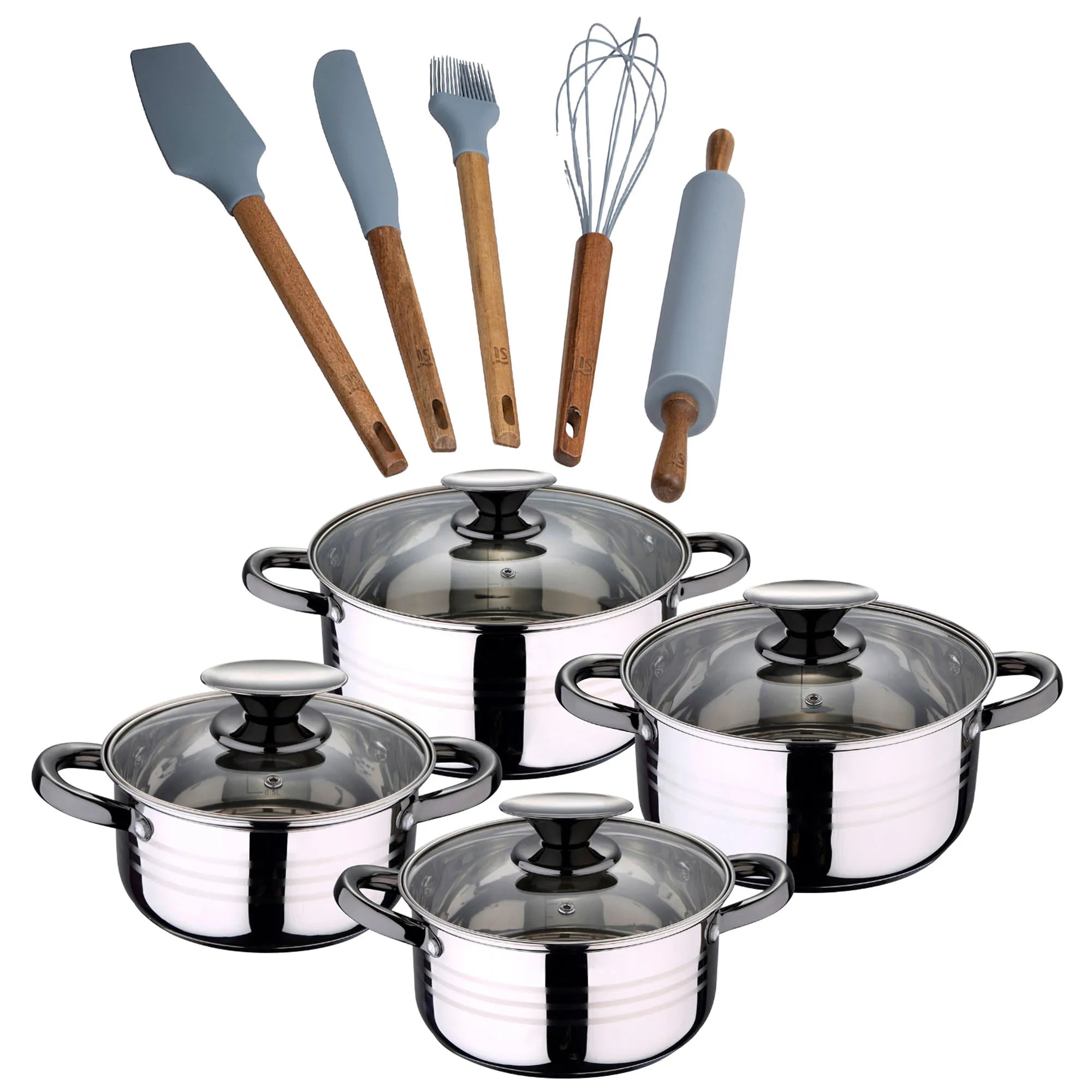 8-piece stainless steel cookware set suitable for induction hobs San Ignacio Premium Collection + 5-piece silicone and wooden