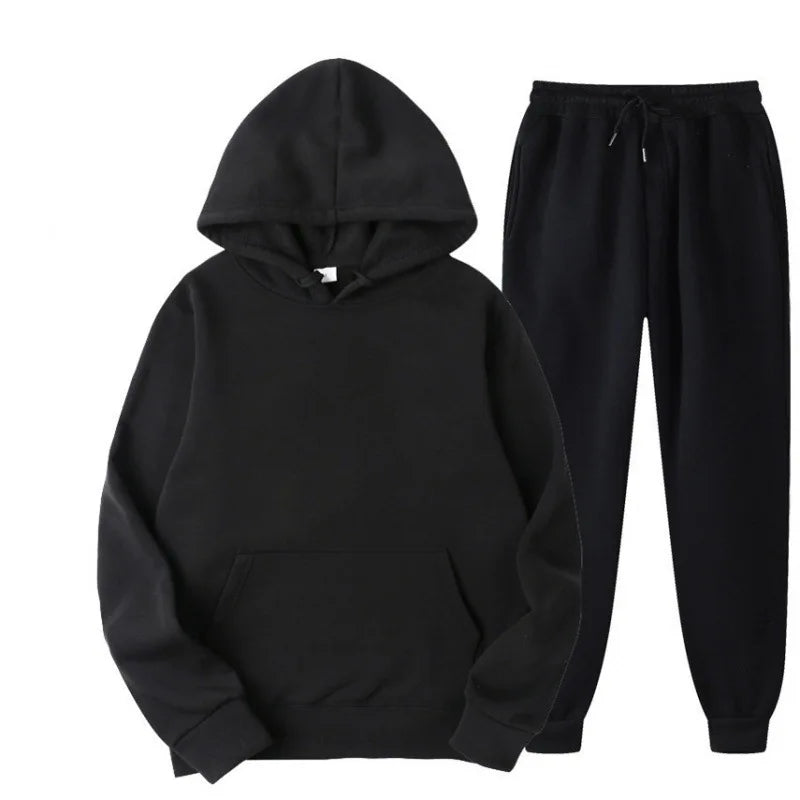 OEM Men's Custom Logo Printed Polyester Fleece Sweatshirt Solid Color Pullover Style Knitted Weaving Method Plus Size Hoodie Set