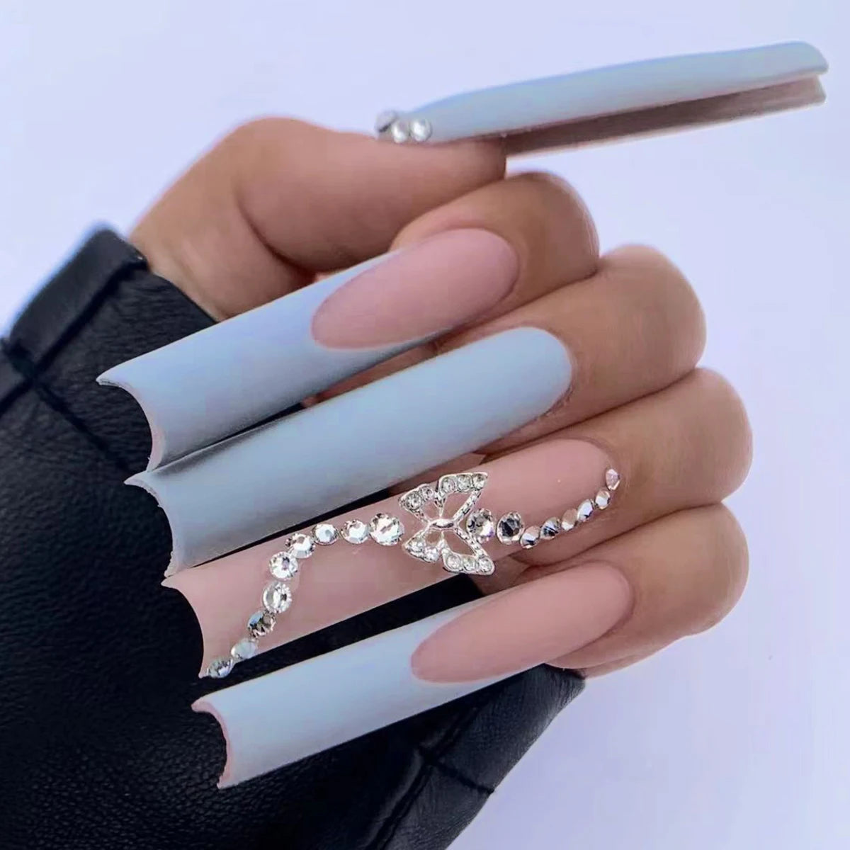 Wholesale Temooi Brand Press Full Cover Pre-designed Design Rhinestone Long Coffin False Nails 24Pcs ABS Finger Nails Custom