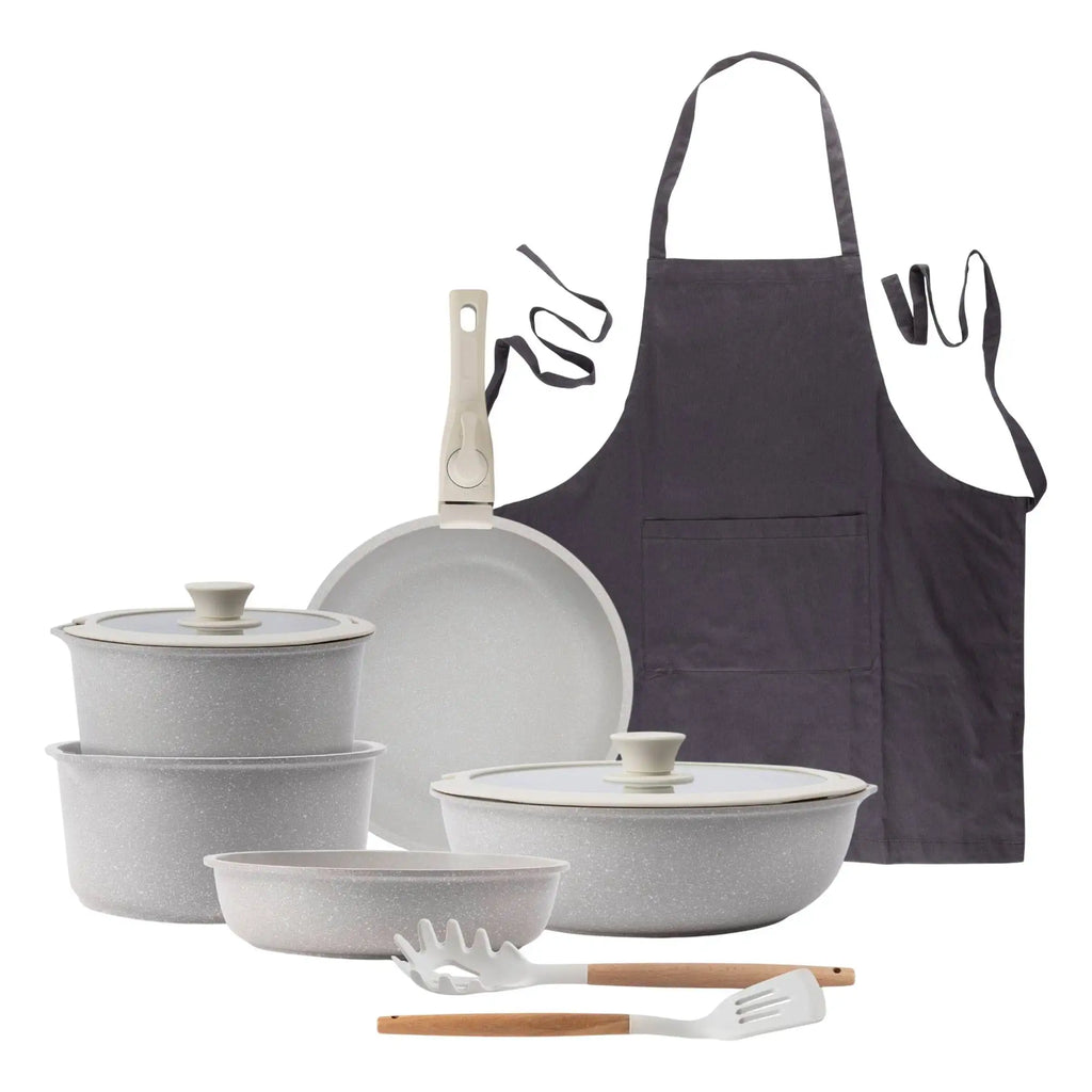 10-Piece Cookware Set Beige/Removable Handle 3 Frying Pans 2 Saucepans Lids and Utensils + Dark Gray 100% Cotton Kitchen