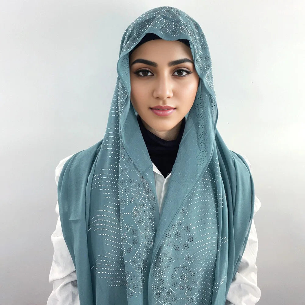 Ethnic Women's Fashion Chiffon Scarf Leaf Diamond Crystal Hijab Shawls Wraps Muslim