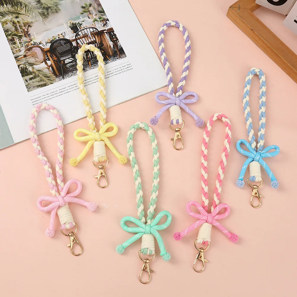 Weaving Bow Phone Wrist Strap Keychain Short Bowknot Mobile Phone Anti-Lost Hanging Braided Rope Lanyard Accessories