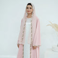 2026 Loriya Blush Pink Lace Trim Open Abaya with Hijab Set Modest Muslim Women's Clothing Floral Wedding Abaya Bridesmaid Dress