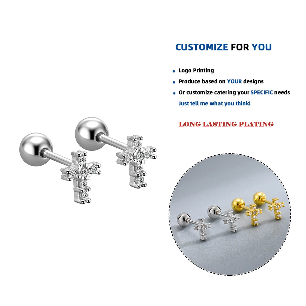 LE177 Minimalist 925 Sterling Silver Crucifix Designer Fashion Fine Jewelry Gold Plated Screw Back Earrings Women