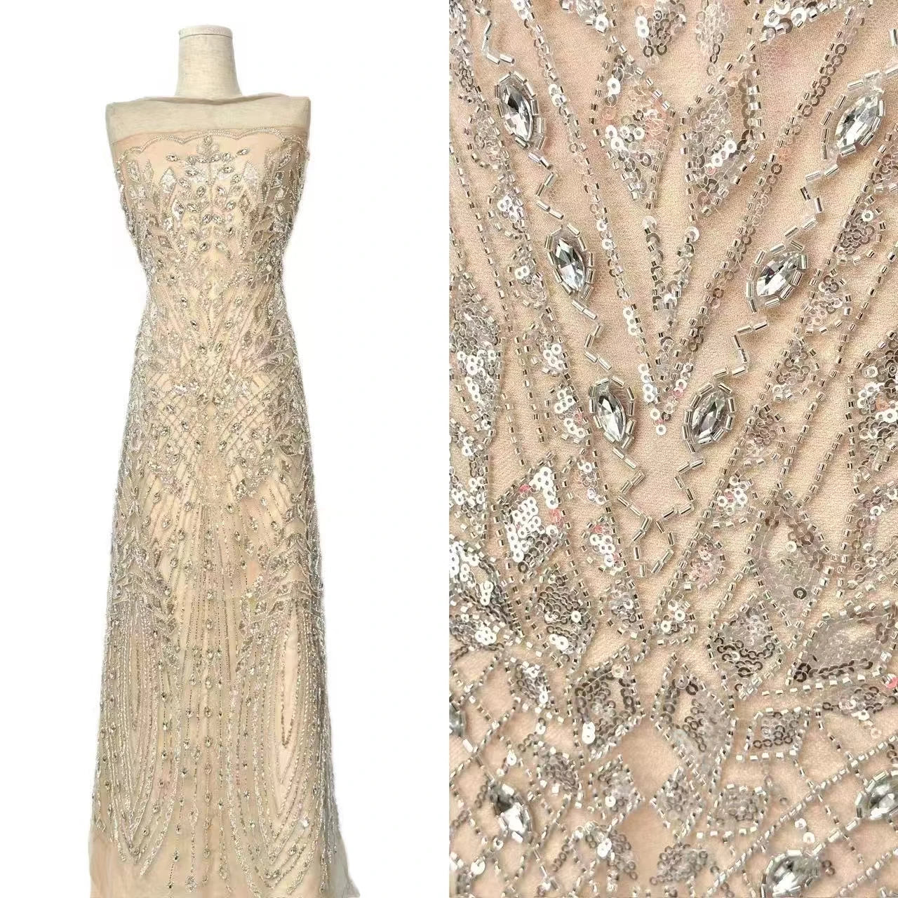 Hot Selling Different Sizes Rhinestones Beaded Hollow Mesh Polyester Fabric for Fashionable Ladies Dress