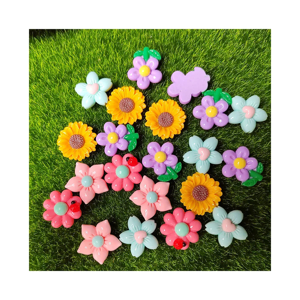 100pcs Mixed Cherry Blossom Flower Resin Sunflowers Flat Back Cabochon DIY Crafts Embellishment Hair Clips Crafts