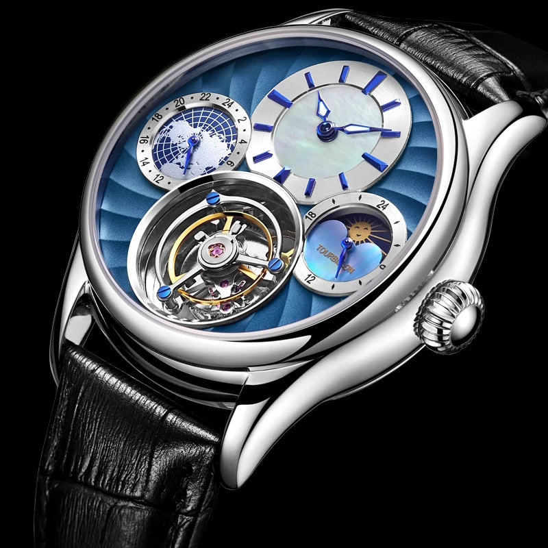 Custom Logo Multifunction Mechanical Watches Fashion Two Time Zone Moonphase 316L Steel Waterproof Men's Flying Tourbillon Watch