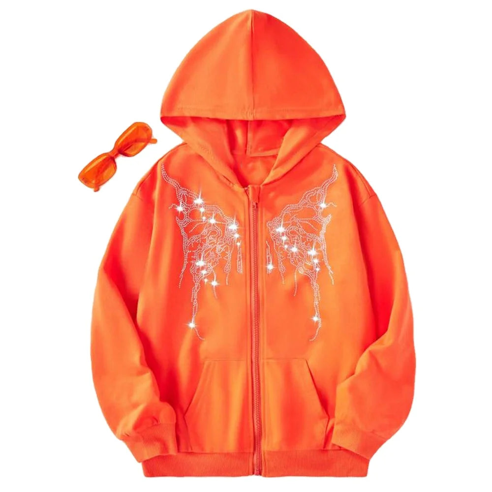 Orange Crystal Butterfly Design Women's Full Zip Hoodie 480GSM Heavyweight Cotton Fleece Jacket Oversized Drop Shoulder