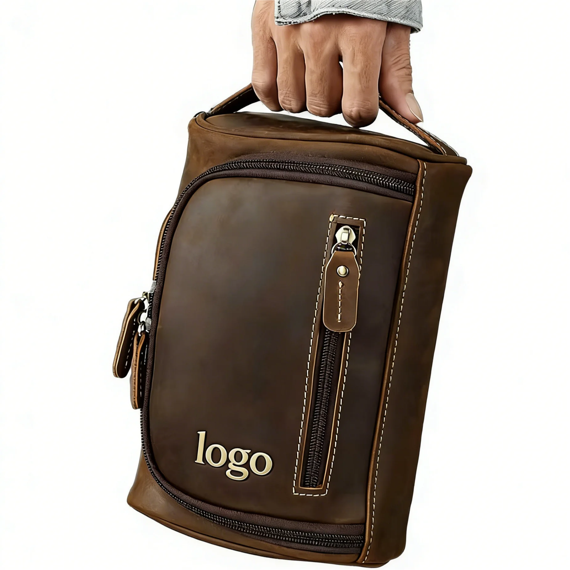 SW Popular Horse Leather Storage Bag Custom Logo 3-layer Zippered Handled Pouch Bag for Business Travel Multi-Layer Travel Bag
