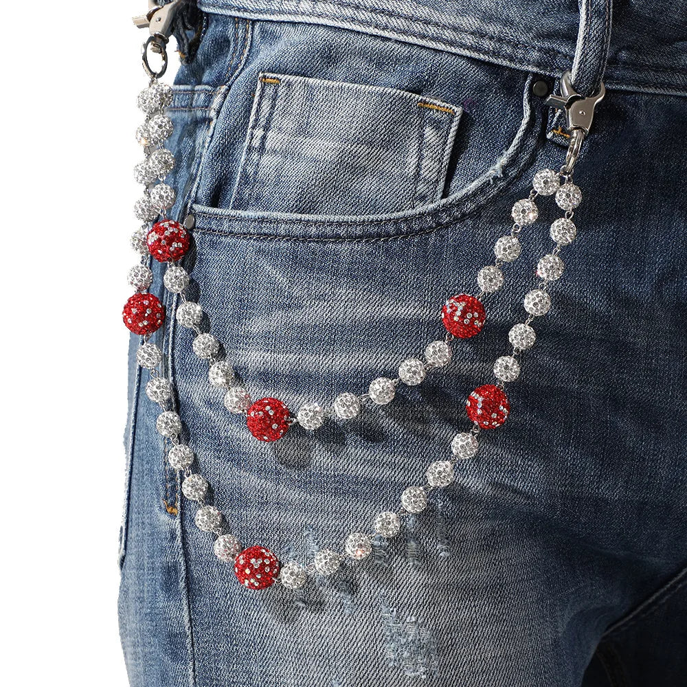 Disco Ball Beaded Layered Pendant Bag Jeans Pocket Belt Chains Hip Hop Rhinestone Beads Wallet Chain for Men Woman Gift