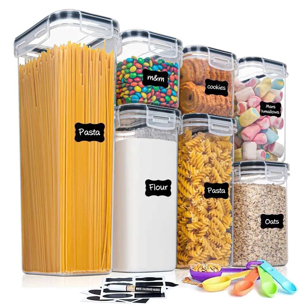 PET Airtight Rectangle Food Storage Containers with Easy Buckle Lids Plastic Kitchen Pantry Organizer for Cereal and Food Items
