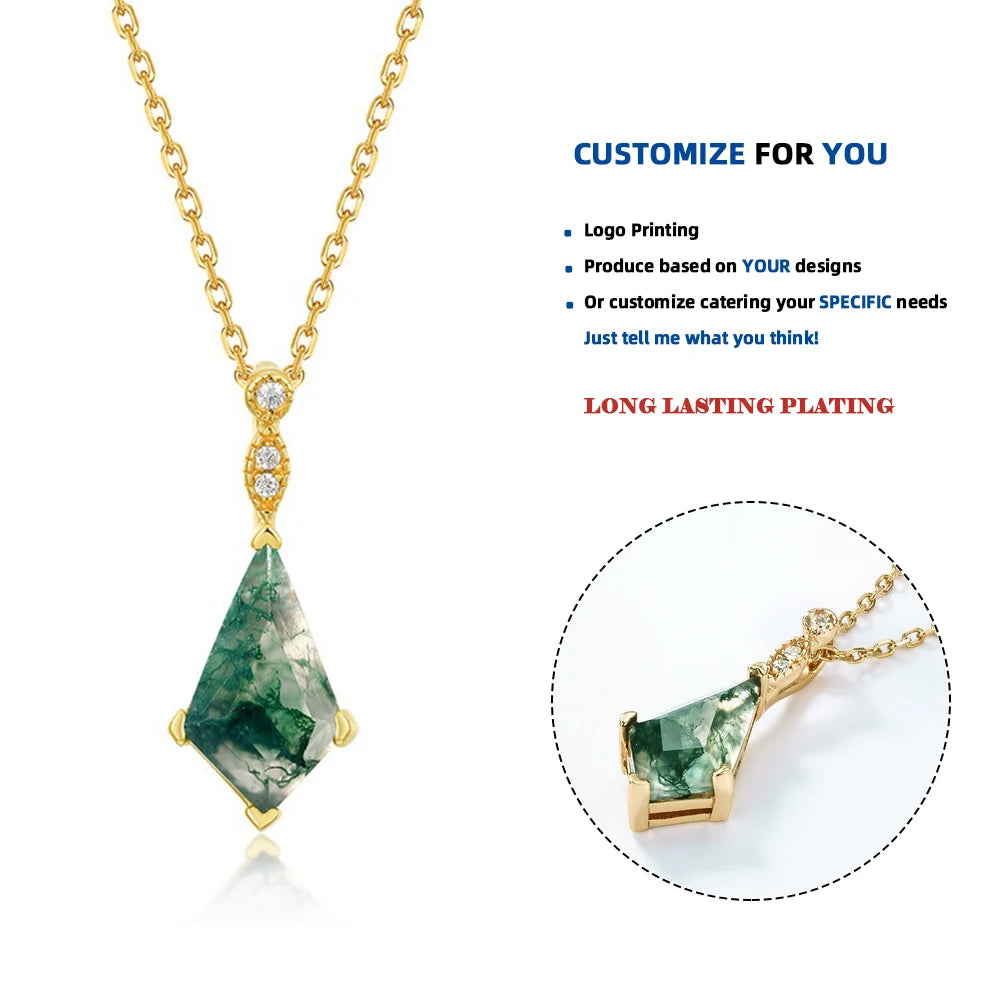 PD019213 Wholesale S925 Sterling Silver Simple Geometric Green Moss Agate Pendant Necklace for Women Jewelry