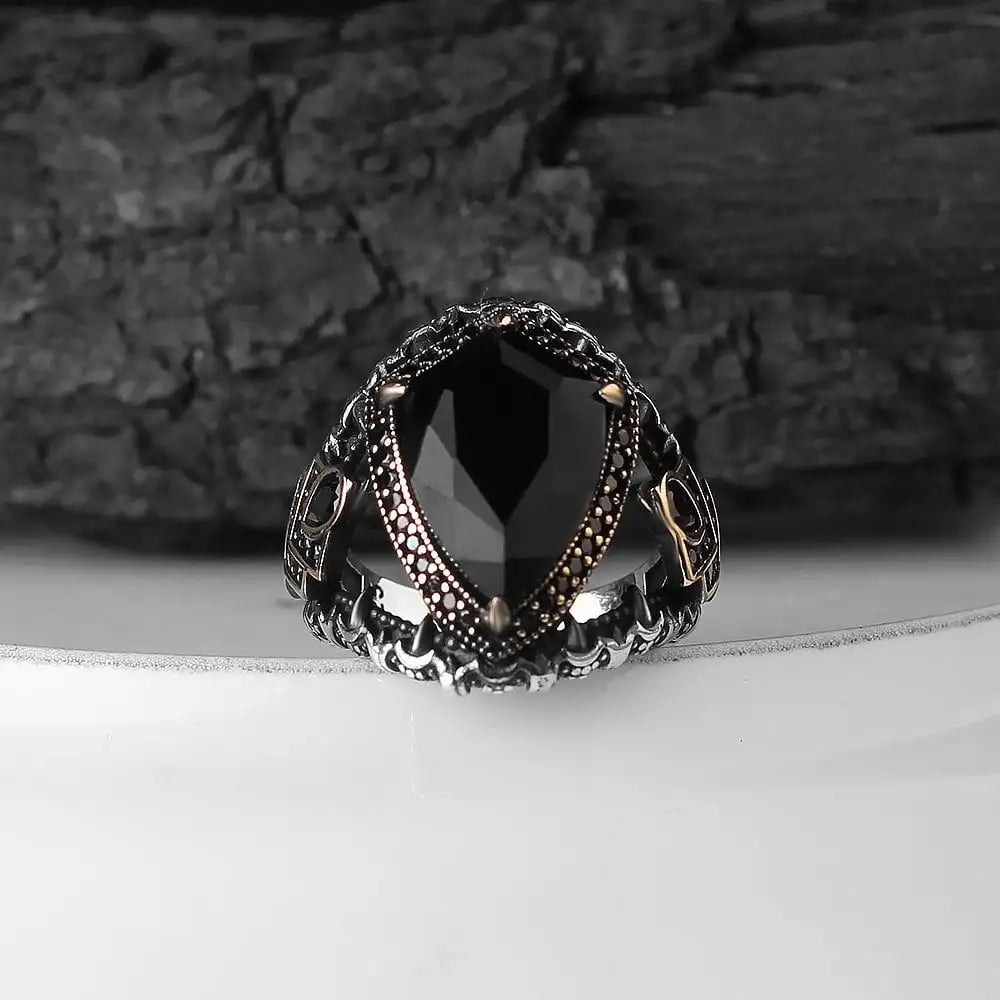 Turkish 925 Sterling Silver Men's Ring Ottoman Style Naturel Black Stone Handmade Fine Jewelry Azuris VALKH1307