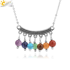 CSJA Newest Design Healing 7 Chakra Beads Tassel Pendant Natural Seven Color Stone Necklace for Women Bohemian Jewelry Gift H328