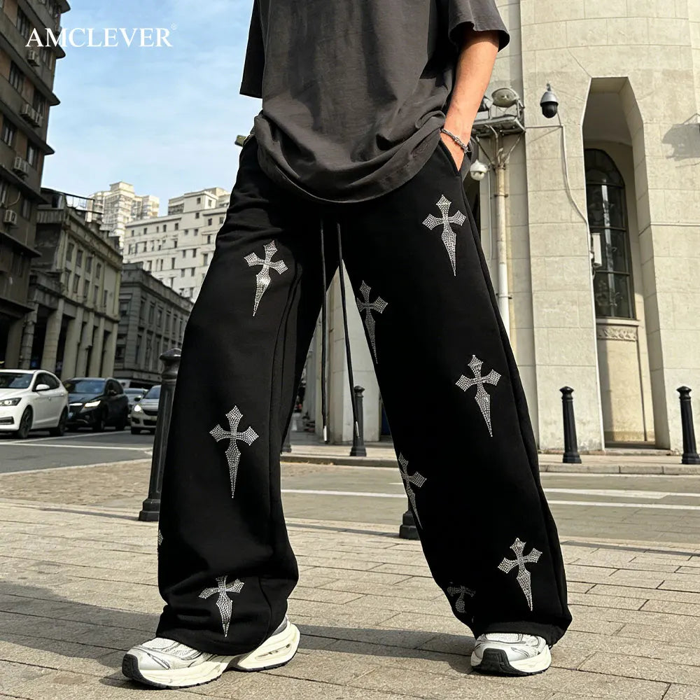 Curved Blade Wide Leg Unisex Men Pants New Arrival Cross Rhinestone Hot Fix Premium Luxury Casual Athletic Sweatpants