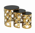 3 Piece Black Round Glass Top End Table Side Table Set for Living Room Tempered Glass and Gold Stainless Steel Frame MegaBDM