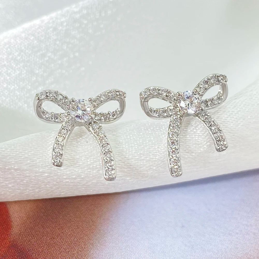 For Foxi Trendy New Fashion Valentines Day Cute Small Bow Earrings for Women Zircon Stone on Brass with Rhodium Plating Perfect MegaBDM