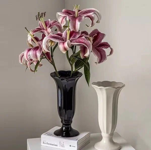 Tall Ceramic Decorative Flower Vase with Fluted Edge Design Elegant Table Centerpiece for Home & Living Room Décor MegaBDM
