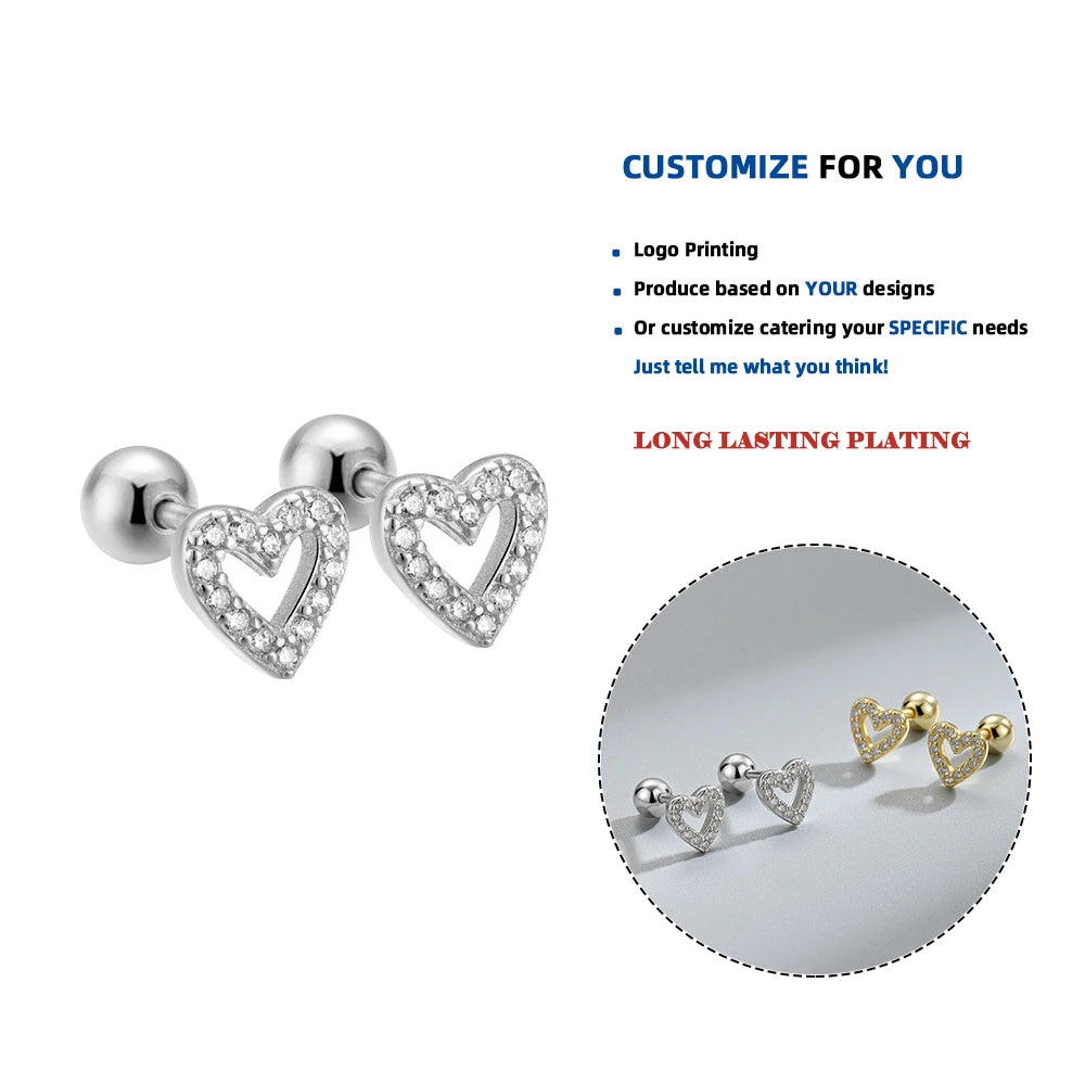 LE116 Skeleton Heart CZ Zircon Designer Fine Jewelry 925 Sterling Silver Minimalist Vintage Fashion Stud Earrings for Women Girl