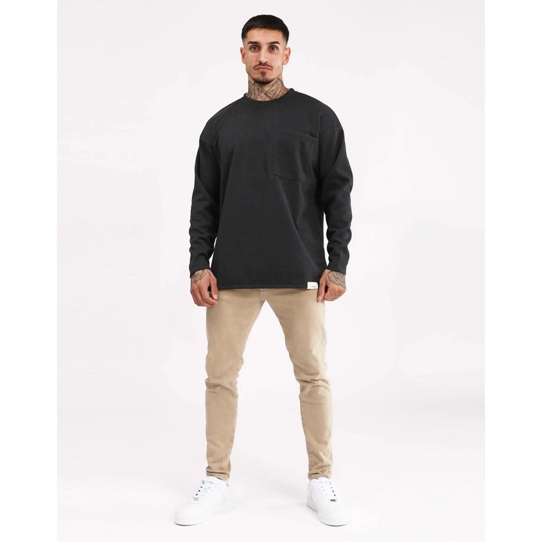 Imperio Design Men's Gray Regular Fit Heavyweight Thick Fabric Solid Casual Blank Breathable O-Neck Long Sleeve T-Shirt Model
