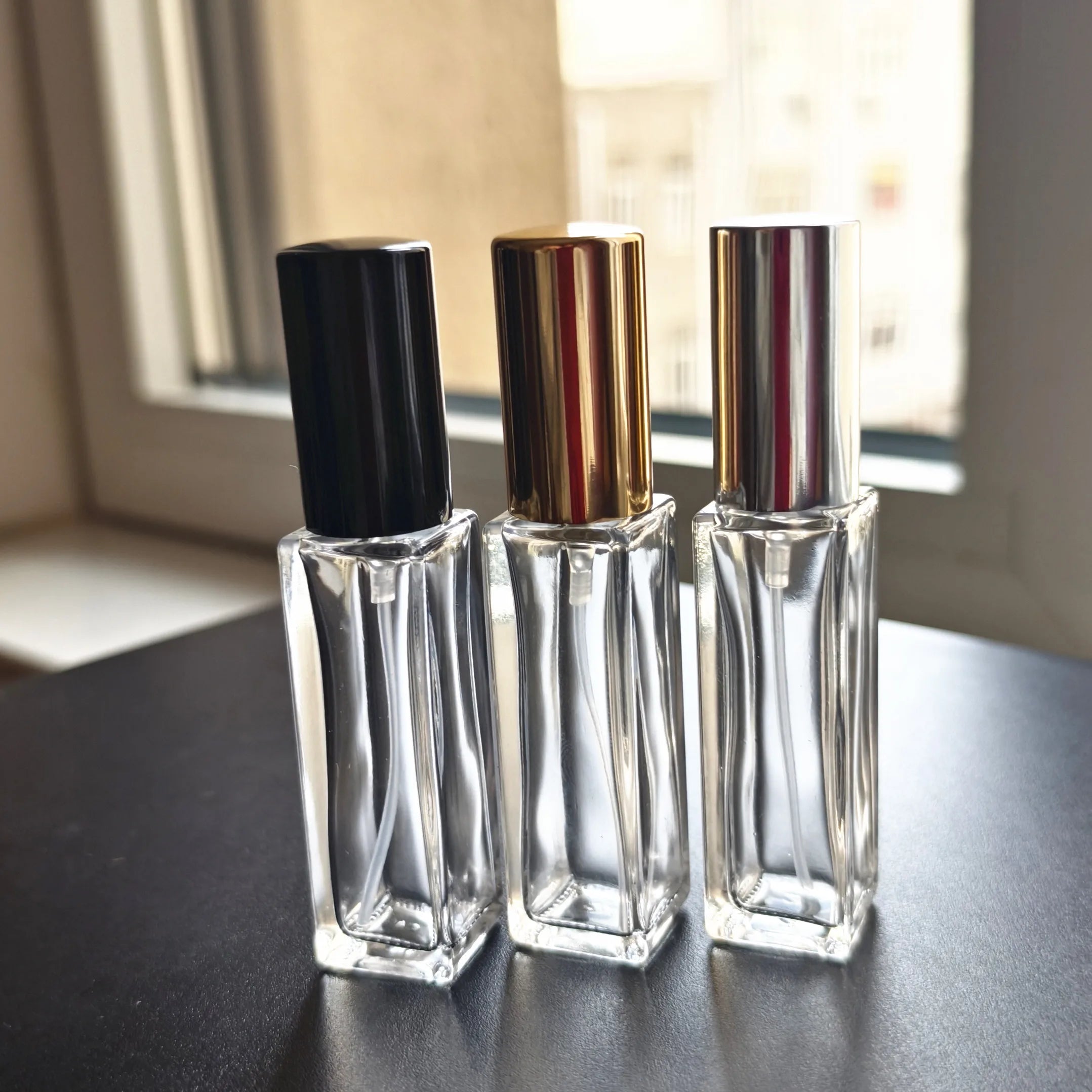 Luxury Square 10ml Glass Bottles with Gold/Silver/Black Sprays Screen Printed for Perfume MOQ 100pcs Carton Packing