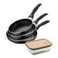 Set of 3 San Ignacio frying pans (16 20 24cm) pressed aluminum suitable for induction + 650ml borosilicate glass airtight