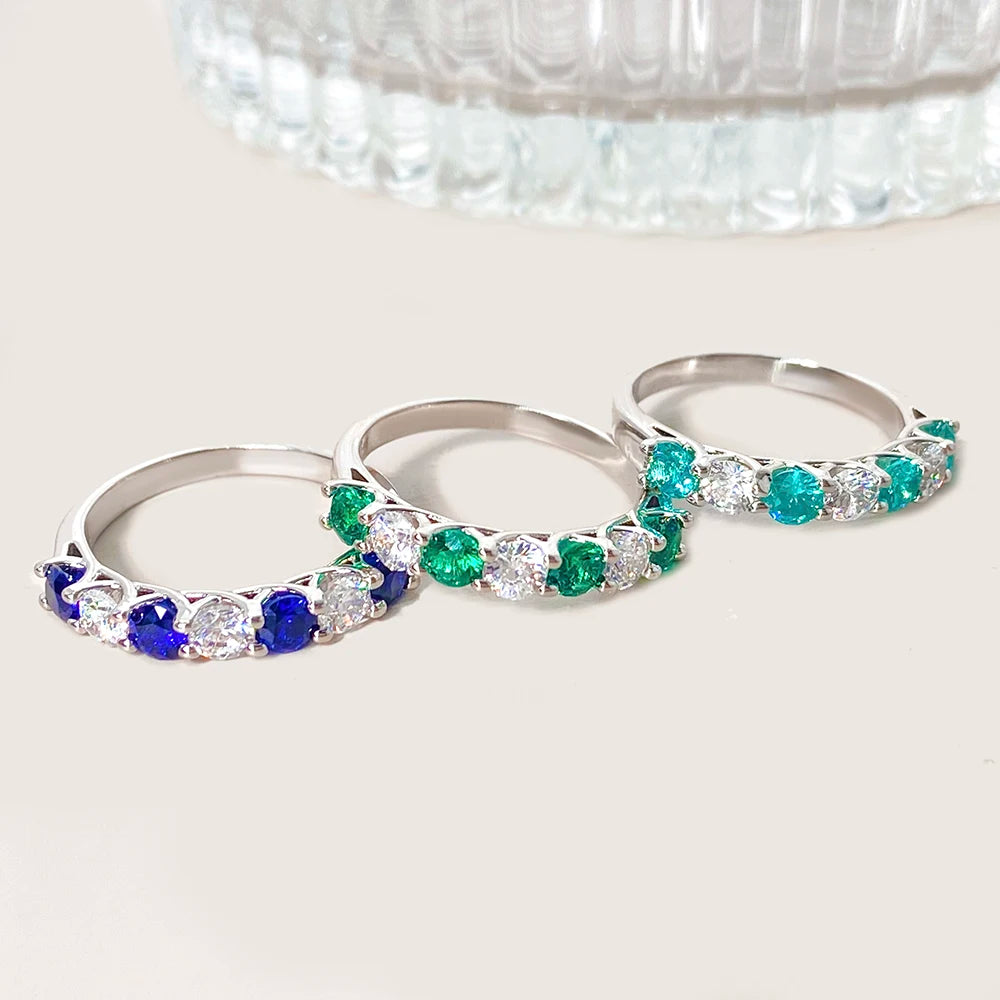 925 Sterling Silver Vintage Bohemian Interval White Green Blue Gemstone CE Certified Engagement Gift Fine Ring for Parties