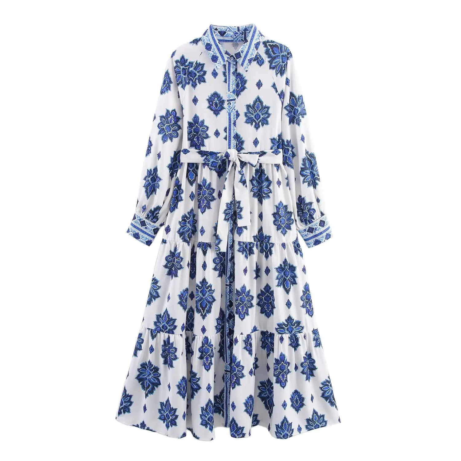 European and American Style 2025 New Wholesale Fashionable and Elegant Women's Printed Single-breasted Waist-cinching Long Dress
