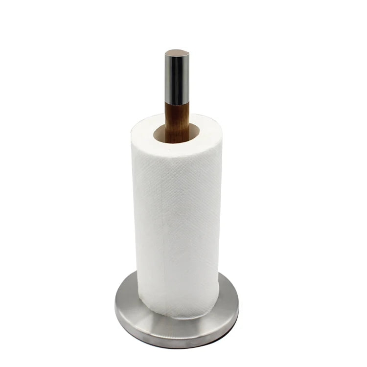 Modern Kitchen Towel Tissue Roll Dispenser Countertop Freestanding Storage Rack Stainless Steel Toilet Paper Holder Wood Tube