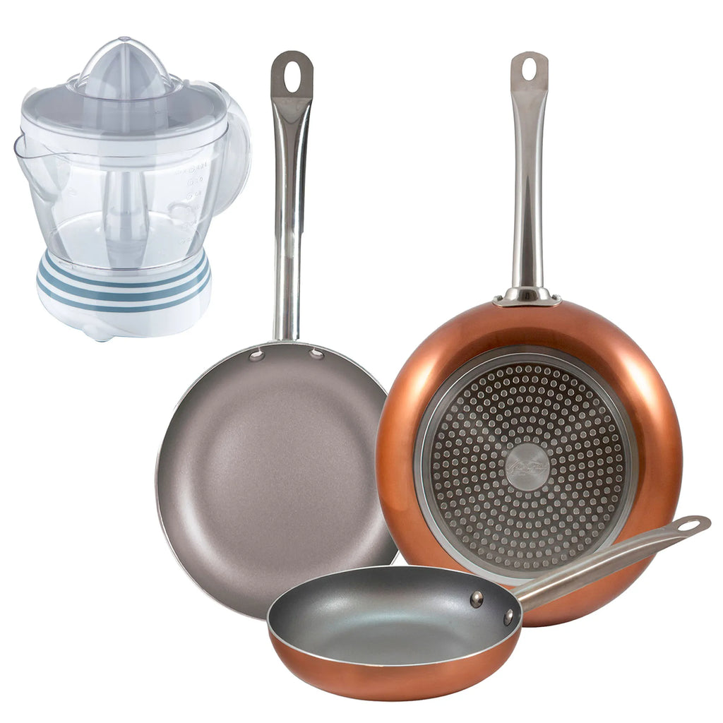 Set of 3 San Ignacio frying pans (18 22 26cm) made of pressed aluminum suitable for induction hobs + 40W juicer - 1.2 Liter