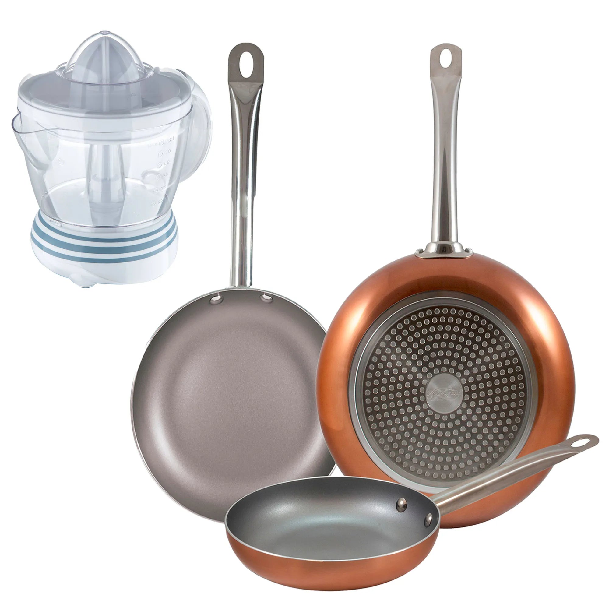 Set of 3 San Ignacio frying pans (18 22 26cm) made of pressed aluminum suitable for induction hobs + 40W juicer - 1.2 Liter